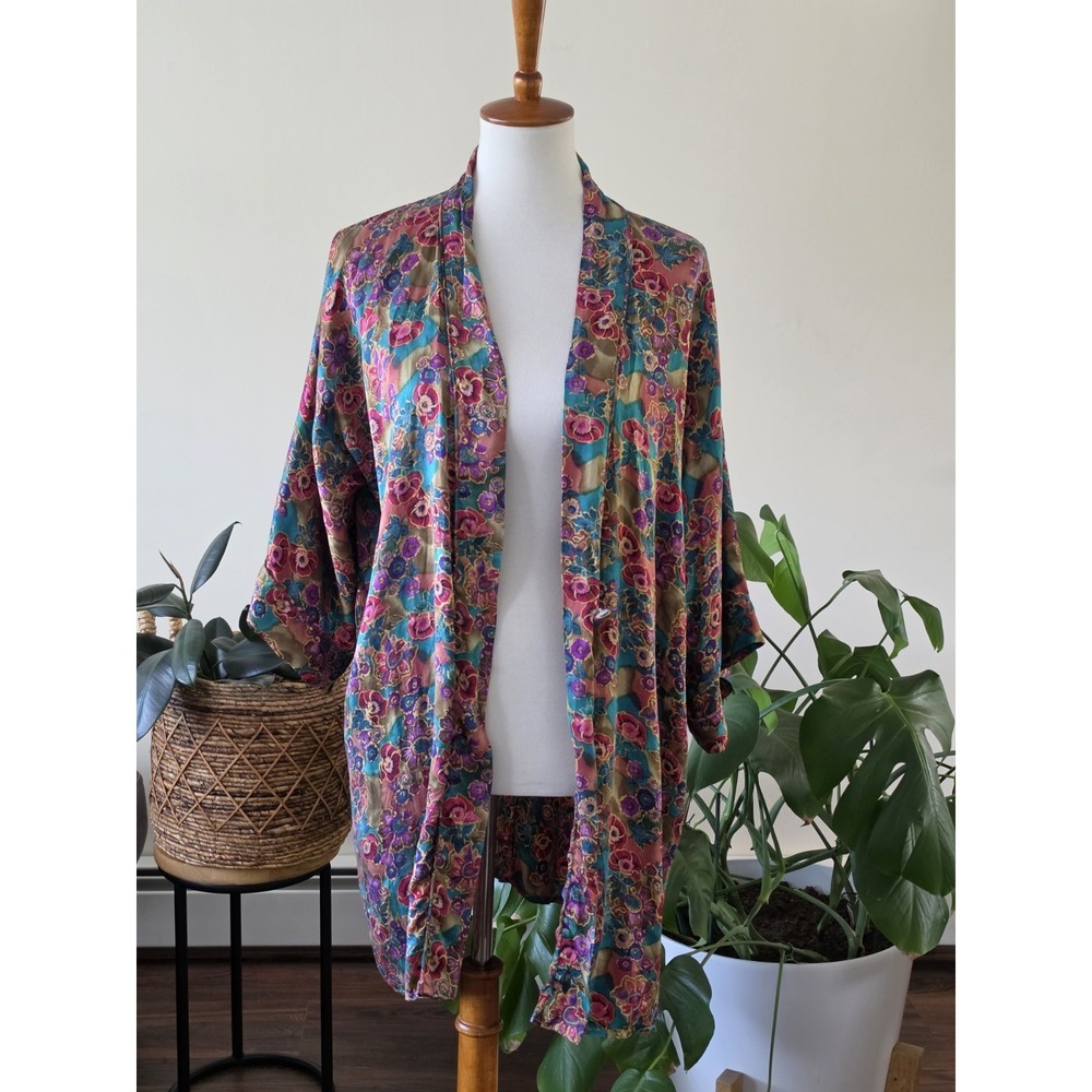 Vtg Victoria's Secret GOLD LABEL 100% SILK Floral Button KIMONO Robe No Sash O/S